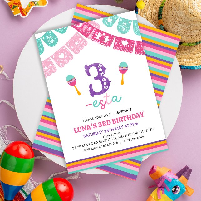Modern Multicolored Girls Three-esta 3rd Birthday  Invitation (Girls Three-esta 3rd Birthday Invitation Template, Editable Fiesta 3rd Birthday Invitation, Esta )