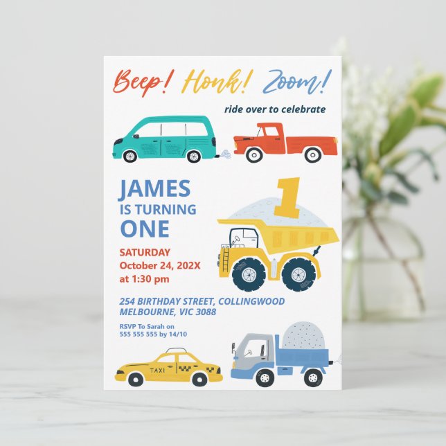 Modern Multicolored Transport 1st Birthday  Invitation (Standing Front)