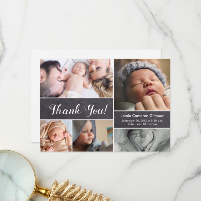 Modern Multiple Photos Chalkboard Baby boy Shower  Thank You Card (Front/Back In Situ)