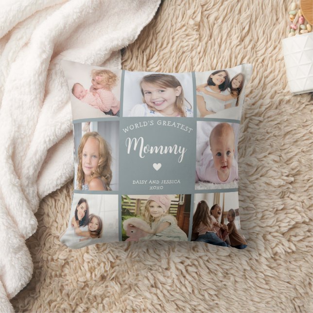 Modern Mum Custom Photo Collage Blue Heart Cushion (Blanket)