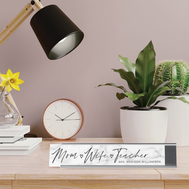 Modern Mum, Wife, Teacher White & Grey Marble Desk Name Plate (Creator Uploaded)
