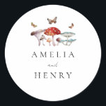 Modern Mushroom Wedding Favour Classic Round Sticker<br><div class="desc">Modern and rustic botanical theme wedding favour sticker featuring watercolor illustration of mushrooms and moths. Customise this product by adding the couple's name below.</div>