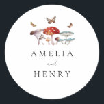 Modern Mushroom Wedding Favour Classic Round Sticker<br><div class="desc">Modern and rustic botanical theme wedding favour sticker featuring watercolor illustration of mushrooms and moths. Customise this product by adding the couple's name below.</div>