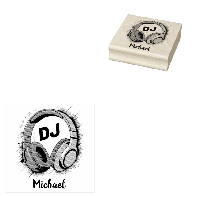 Modern Music DJ Headphones Personalised Name  Rubber Stamp (Stamped)