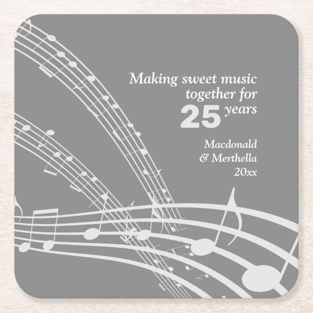 Modern MUSIC NOTES 25th SILVER Anniversary Square Paper Coaster (Front)