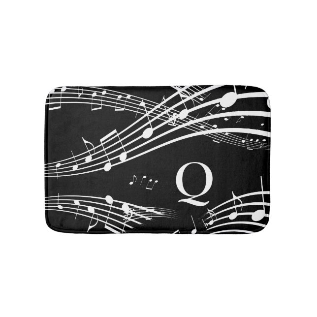 Modern Music Notes Black Monogram Bath Mat (Front)