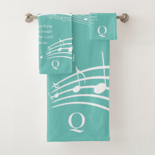 Modern Music Notes Teal Monogram Bath Towel Set