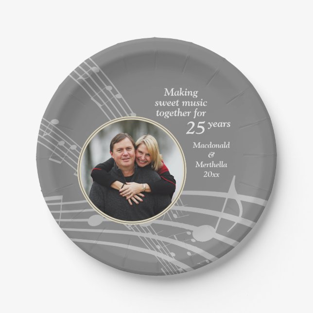 Modern MUSIC Photo 25th Silver Wedding Anniversary Paper Plate (Front)