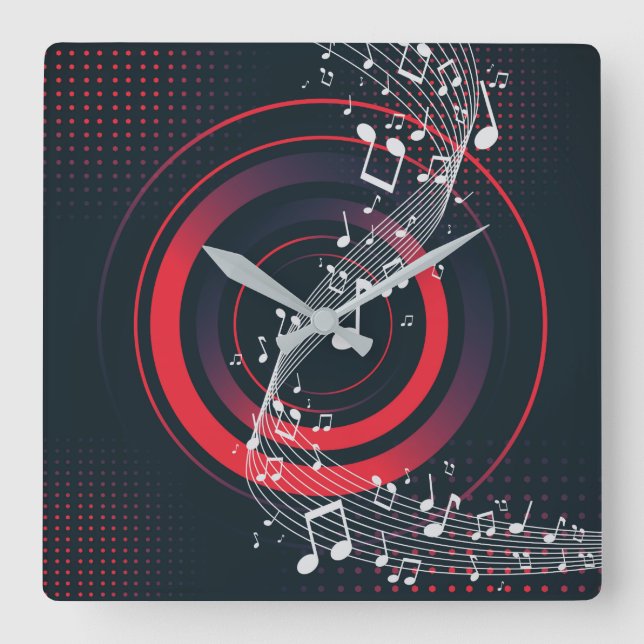 Modern Music Wall Clock –Red Beats & Flowing Notes (Front)