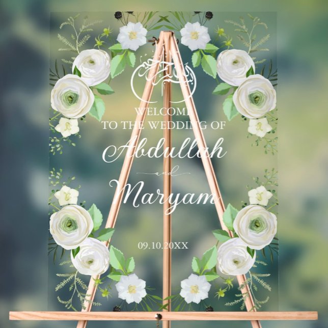 Modern Muslim Islamic Wedding Welcome Floral Acrylic Sign (Creator Uploaded)