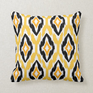 Modern mustard black white Ikat Tribal Pattern 1a Cushion