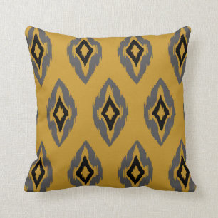 Modern mustard grey black Ikat Tribal Pattern 1b Cushion