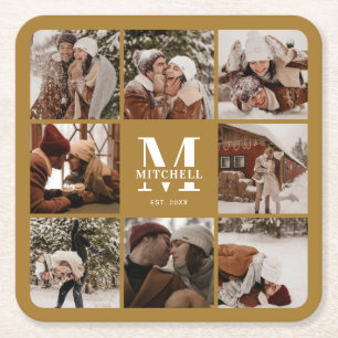 Modern Mustard Monogram Initial Family Name Photo Square Paper Coaster
