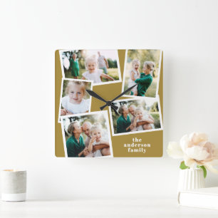 Modern mustard multi photo family home decor square wall clock