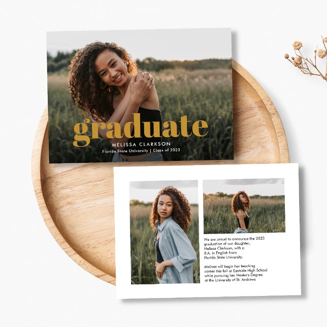 Modern Mustard Script with Three Photos Graduation Announcement (Creator Uploaded)