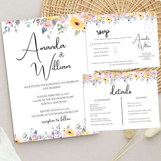 Modern Mustard Yellow and Lavender Floral Wedding Invitation (Modern Mustard Yellow and Lavender Floral Wedding Invitation)