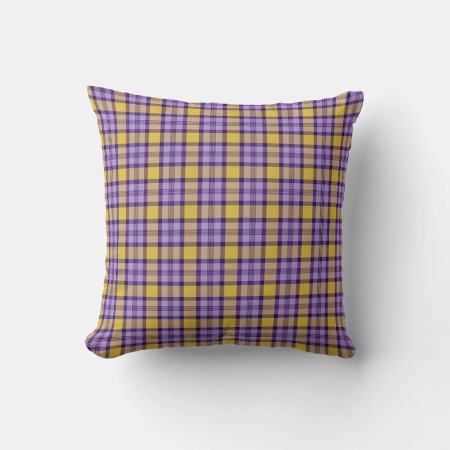 Modern Mustard Yellow and Lavender Purple Plaid Th Cushion (Front)