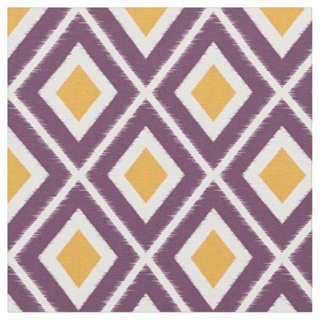 Modern Mustard Yellow and Purple Ikat Pattern Fabric (Close Up)