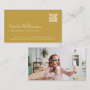 Modern Mustard Yellow Script Photo QR Code Trendy Business Card