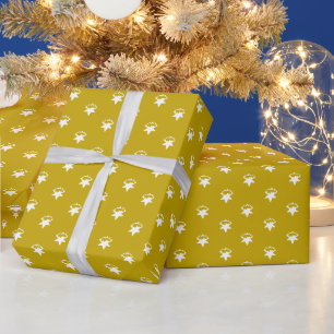 Modern mustard yellow snowflakes snow stars wrapping paper
