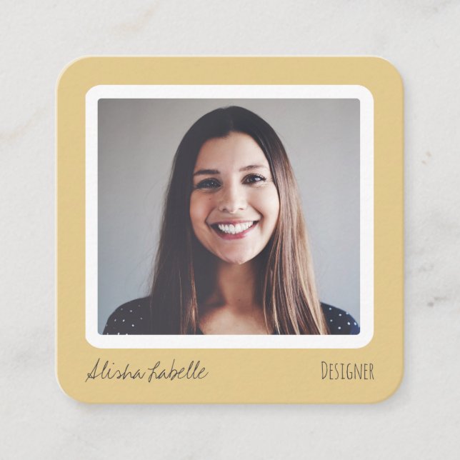 Modern Mustard Yellow Social Media Follow Me Photo Square Business Card (Front)