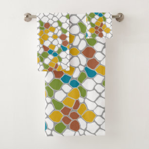Modern, mustard yellow, teal, green, white bath towel set