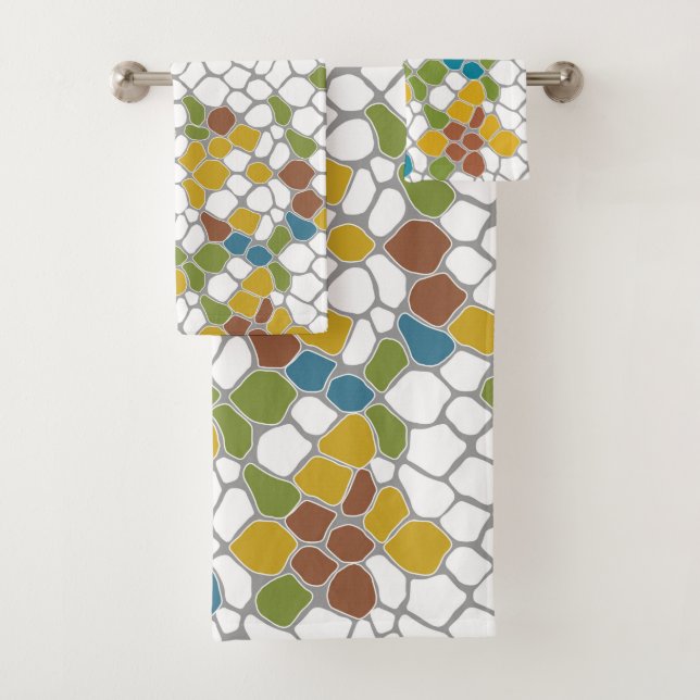 Modern, mustard yellow, teal, green, white bath towel set (Insitu)