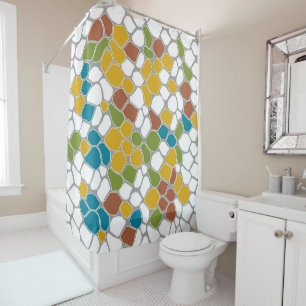 Modern, mustard yellow, teal, green, white shower curtain