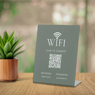 Modern Muted Green WiFi Network Password QR Code Pedestal Sign