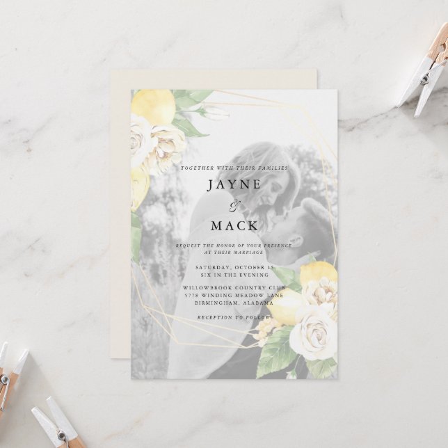 Modern Muted Photo Lemons Wedding Invitation (Front/Back In Situ)