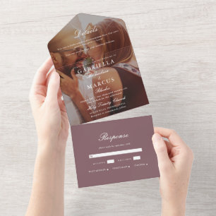 Modern Muted Plum Photo Wedding All In One Invitation
