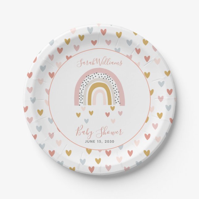 Modern Muted Rainbow Baby Shower Sprinkle Hearts Paper Plate (Front)