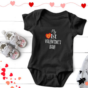 Modern My 1st Valentine's Day Cute Red Gold Heart  Baby Bodysuit