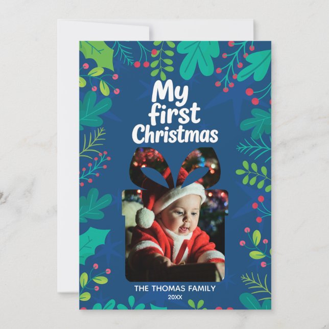 Modern “My First Christmas” Baby Photo Card (Front)
