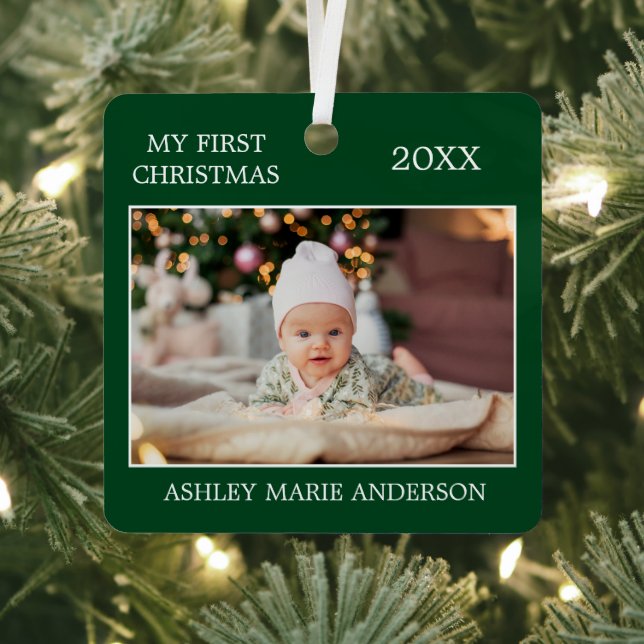 Modern My First Christmas Baby Photo Green Metal Tree Decoration (Insitu)