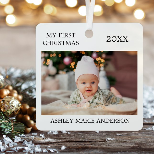 Modern My First Christmas Baby Photo Metal Tree Decoration (Customize to change text size or style.)