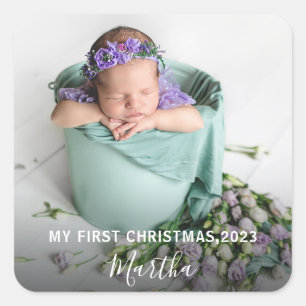 Modern My First Christmas Snowflake Photo Square Sticker
