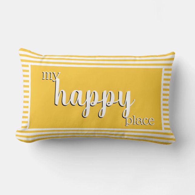 Modern My Happy Place Typography Yellow Stripe Lumbar Cushion (Front)