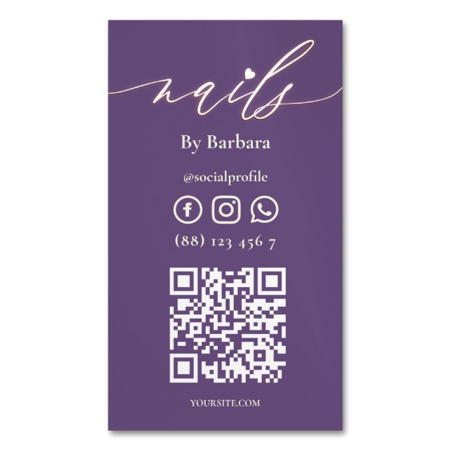 Modern Nail Art Beauty Salon Technician Purple Magnetic Business Card (Front Vertical)