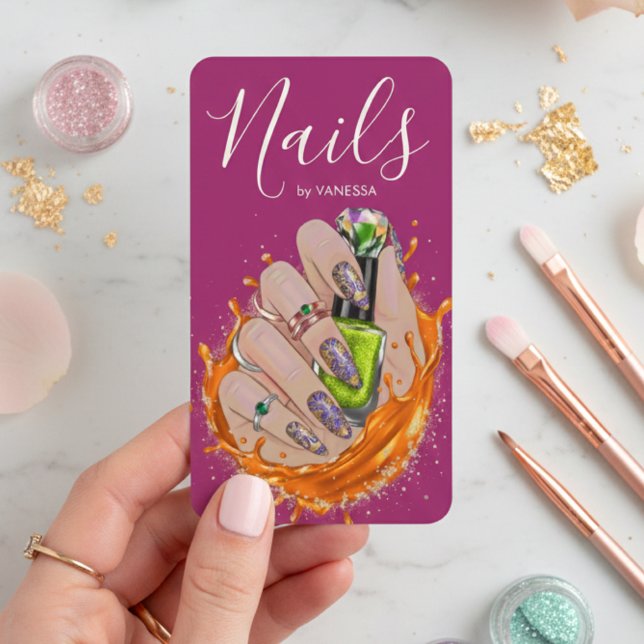 Modern Nail Art Studio Manicurist Artist Hot Pink Business Card (Creator Uploaded)