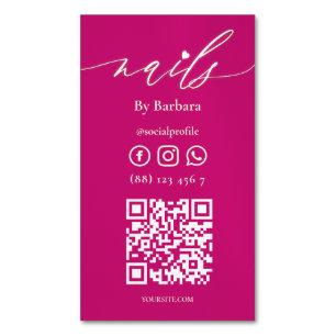 Modern Nail Beauty Salon Hot Pink QR Magnetic Business Card