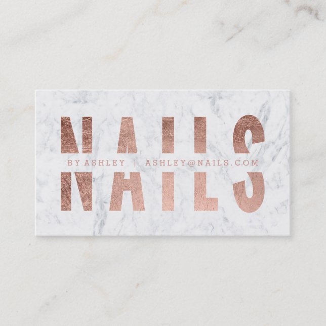 Modern nails cut out rose gold typography marble business card (Front)