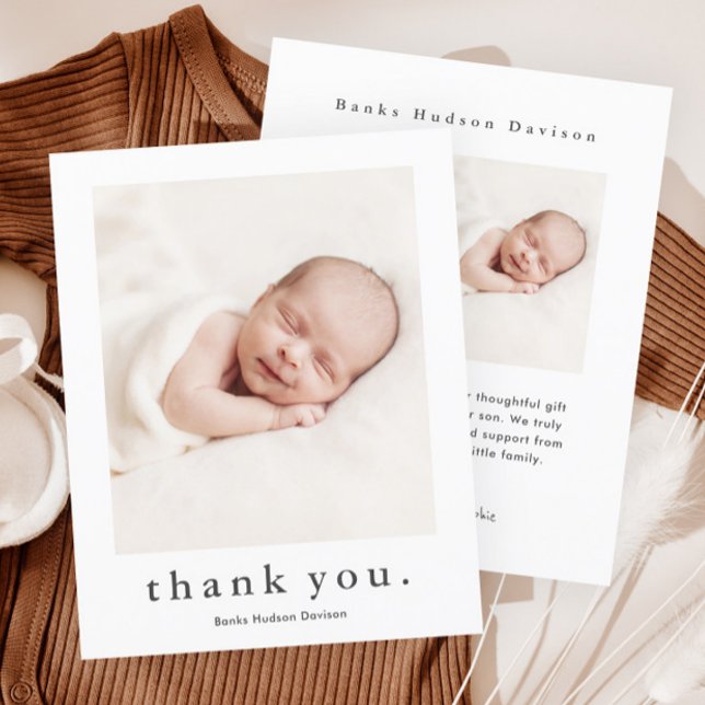 Modern Name 2 Photo Baby Thank You Card (Simple typography baby photo thank you card.)