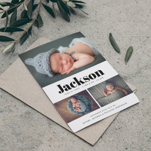 Modern Name 3 Photo Collage Birth Announcement