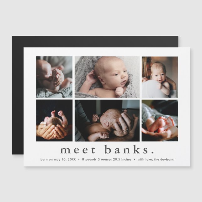 Modern Name 6 Photo Collage Baby Thank You Magnetic Invitation (Front/Back)