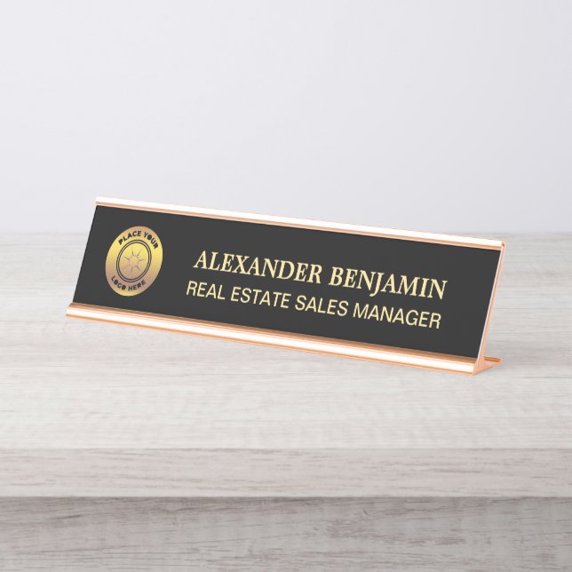 Modern Name Black Gold Logo Professional Desk Name Plate (Front)