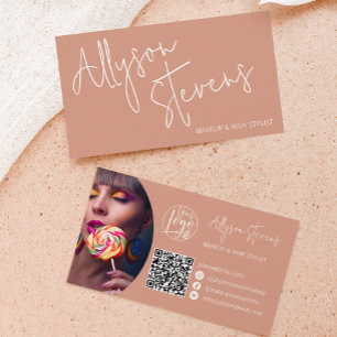 Modern name bold script makeup hair logo qr boho business card