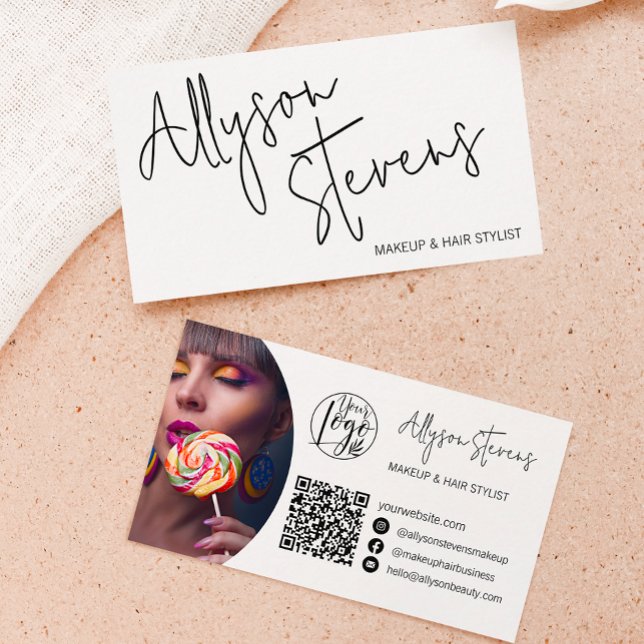 Modern name bold script makeup hair logo qr code business card (Creator Uploaded)
