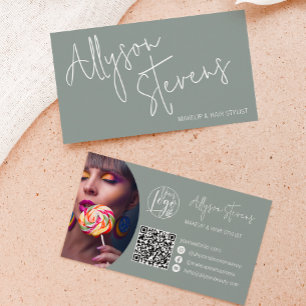 Modern name bold script makeup hair logo qr green business card