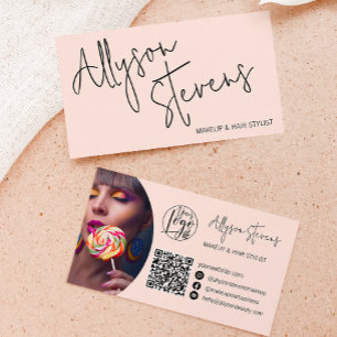 Modern name bold script makeup hair logo qr pink business card